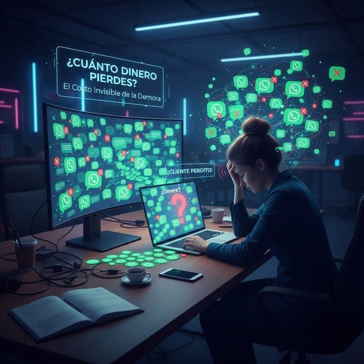 Una persona frente a un computador con expresión de agobio, rodeada de iconos de notificaciones de WhatsApp que se acumulan. Fondo oscuro y profesional.